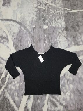 Zara Black Off-the-Shoulder Sparkle Sweater with Chain Straps